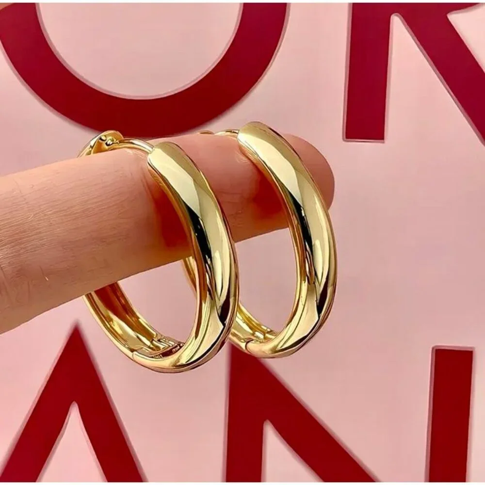 14k Gold Plated Thick Classic Hoop Earrings High Polish Round Gold - Picture 2 of 4